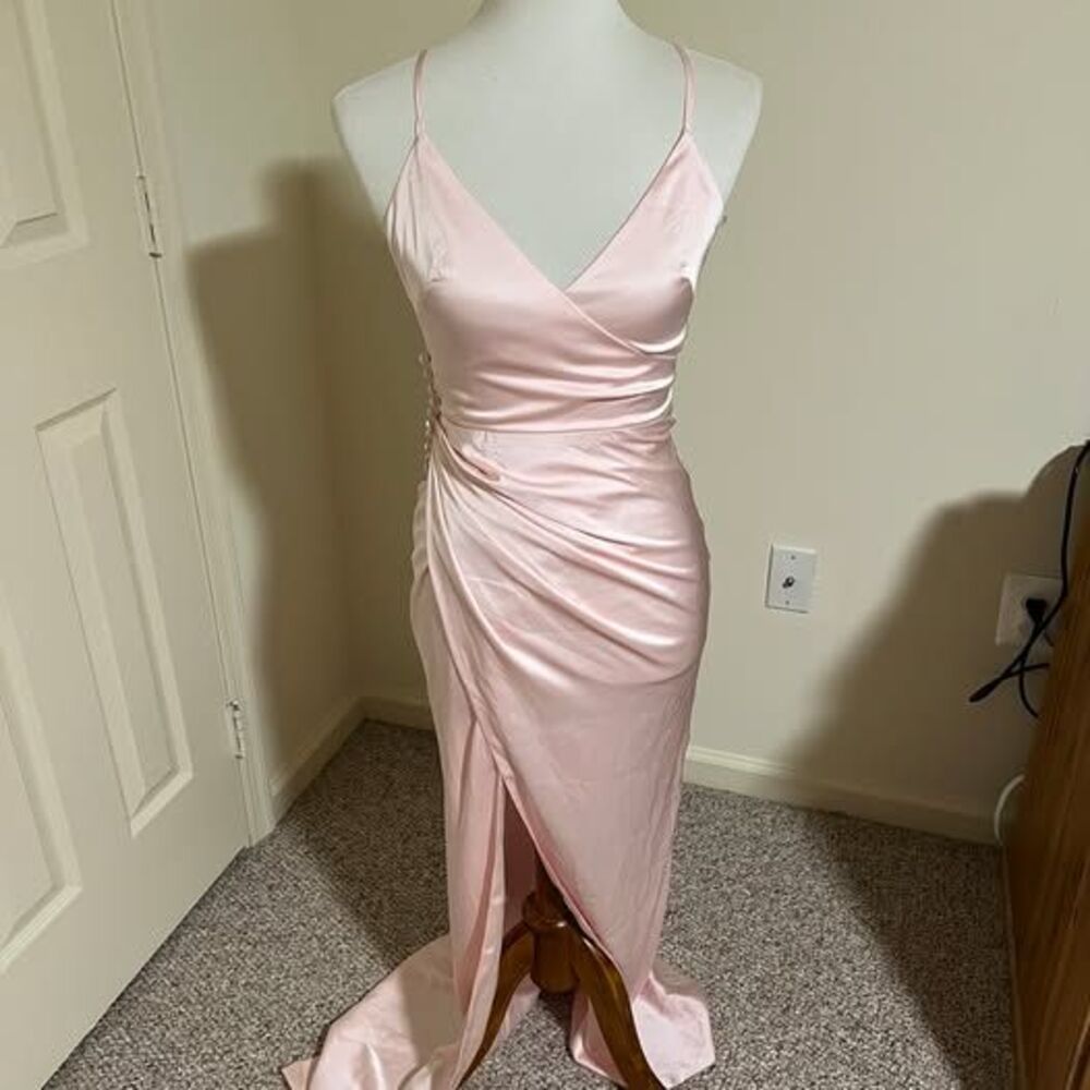 MESHKI Pink Satin Ruched Slit Maxi Dress - XS